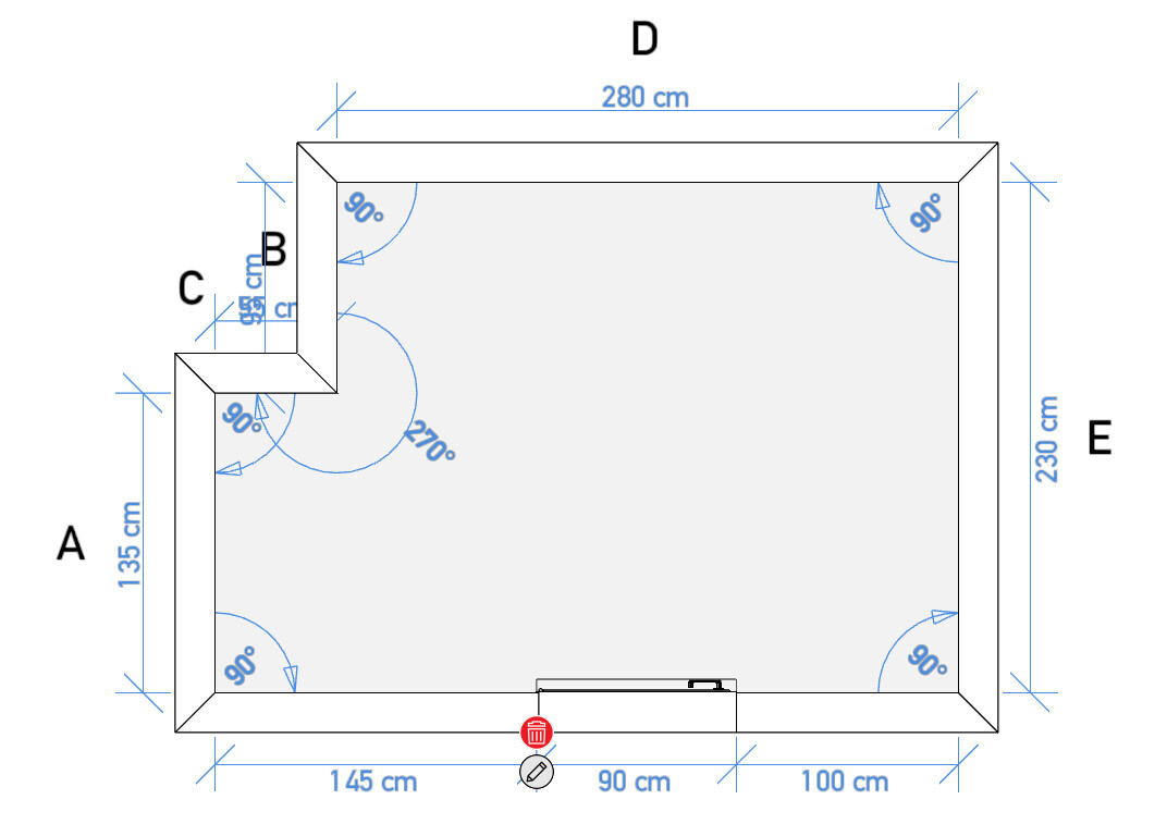 Floor plan of a rectangular room with a cutout on the left inside; door at bottom, dimensions 280×230 cm.