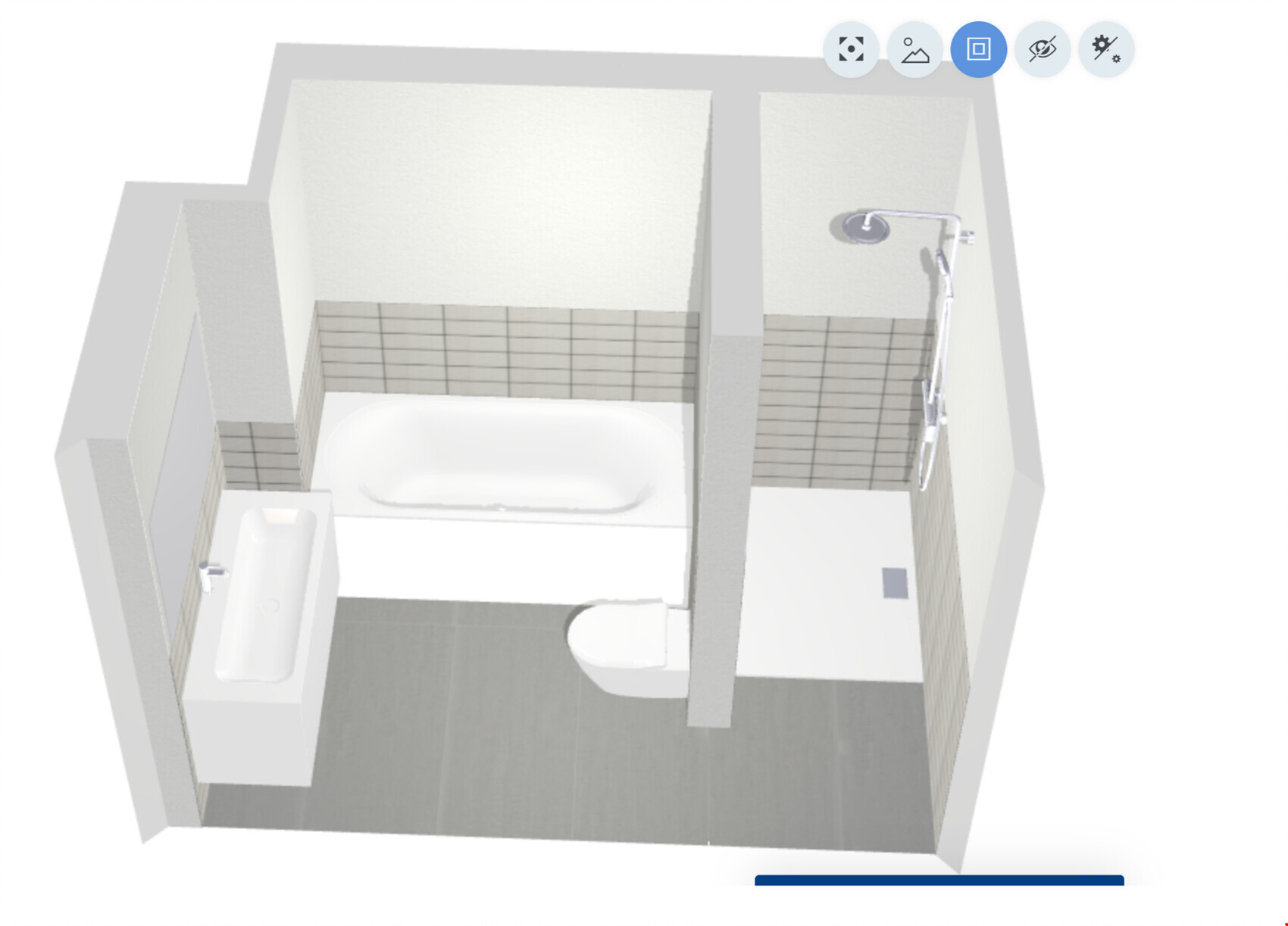 Top view bathroom: bathtub left, washbasin left, toilet in middle, shower right.