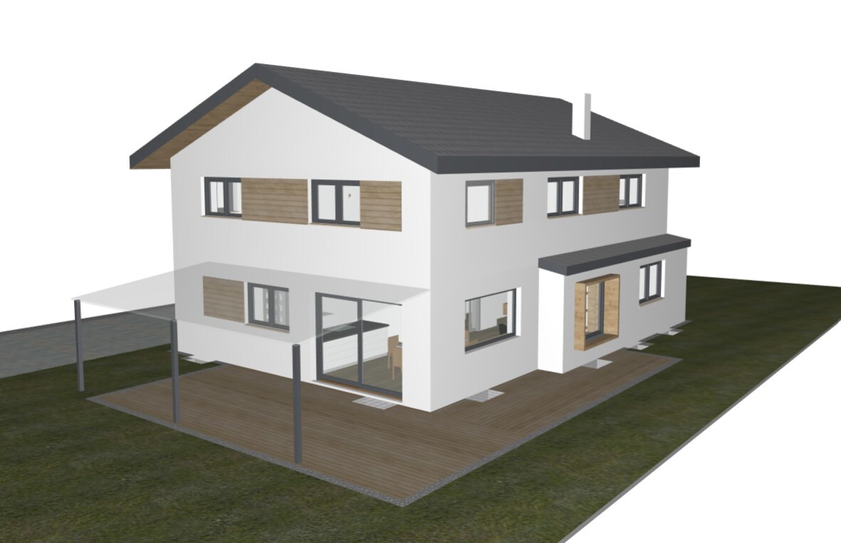 Modern two-story house with white façade, wood cladding and large wooden terrace.