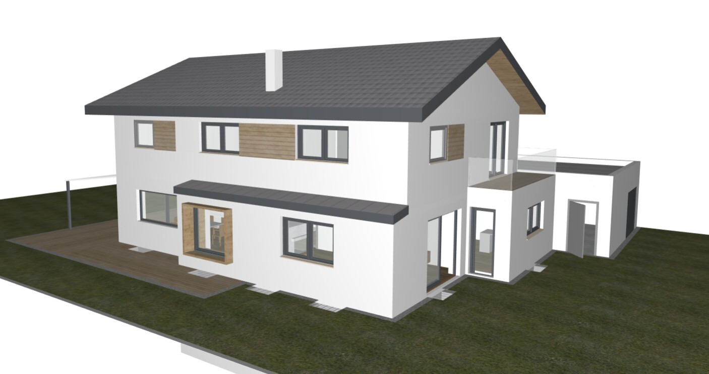 Modern single-family house with gray gable roof, white walls, wood details and balcony.