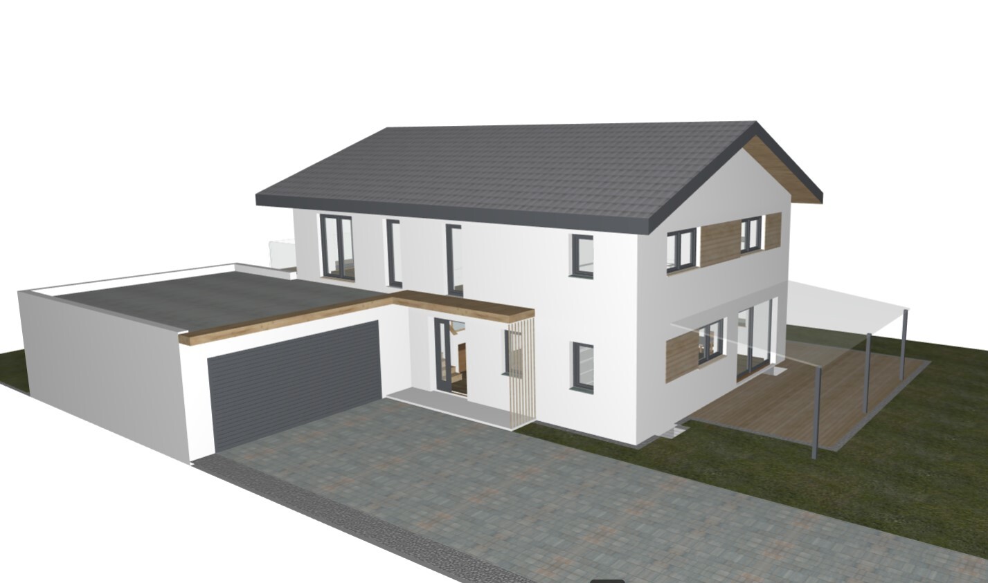 Modern two-storey villa with garage, wood cladding and terrace.