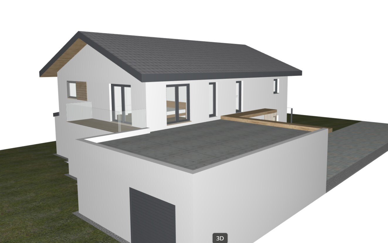 Modern two-story single-family house with flat roof, glass balcony, terrace and garage.