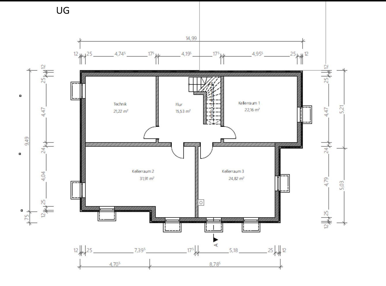 Basement floor plan: technical room, hallway, cellar rooms 1–3, stairwell, doors, dimensions.