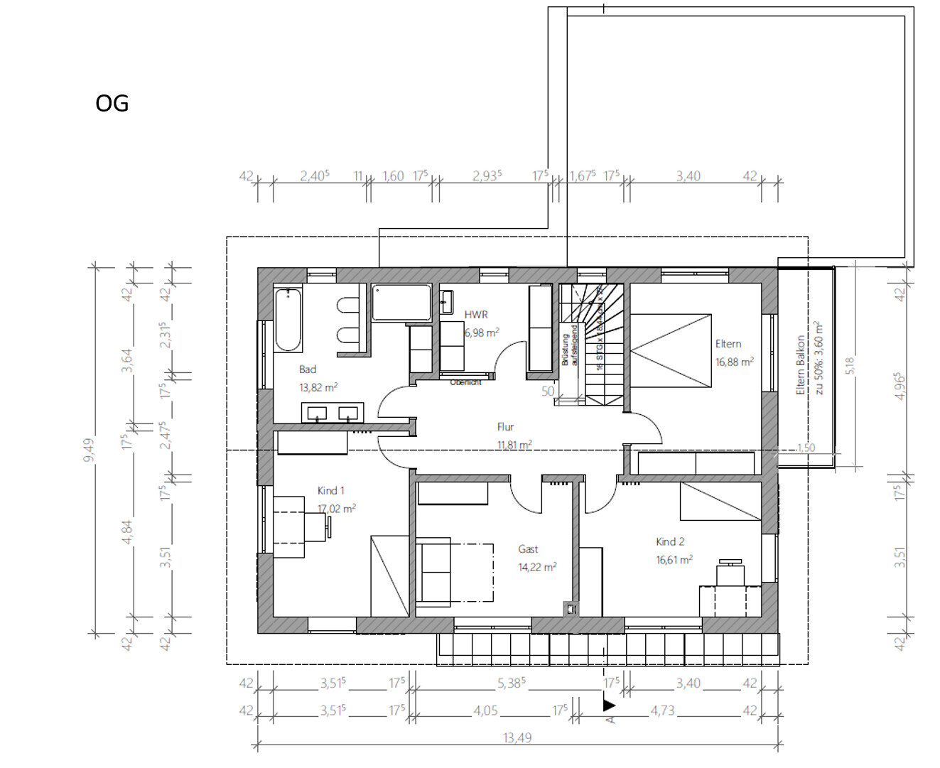 Upper floor plan with bathroom, utility room, hallway, master bedroom, two children’s rooms, guest room and balcony.
