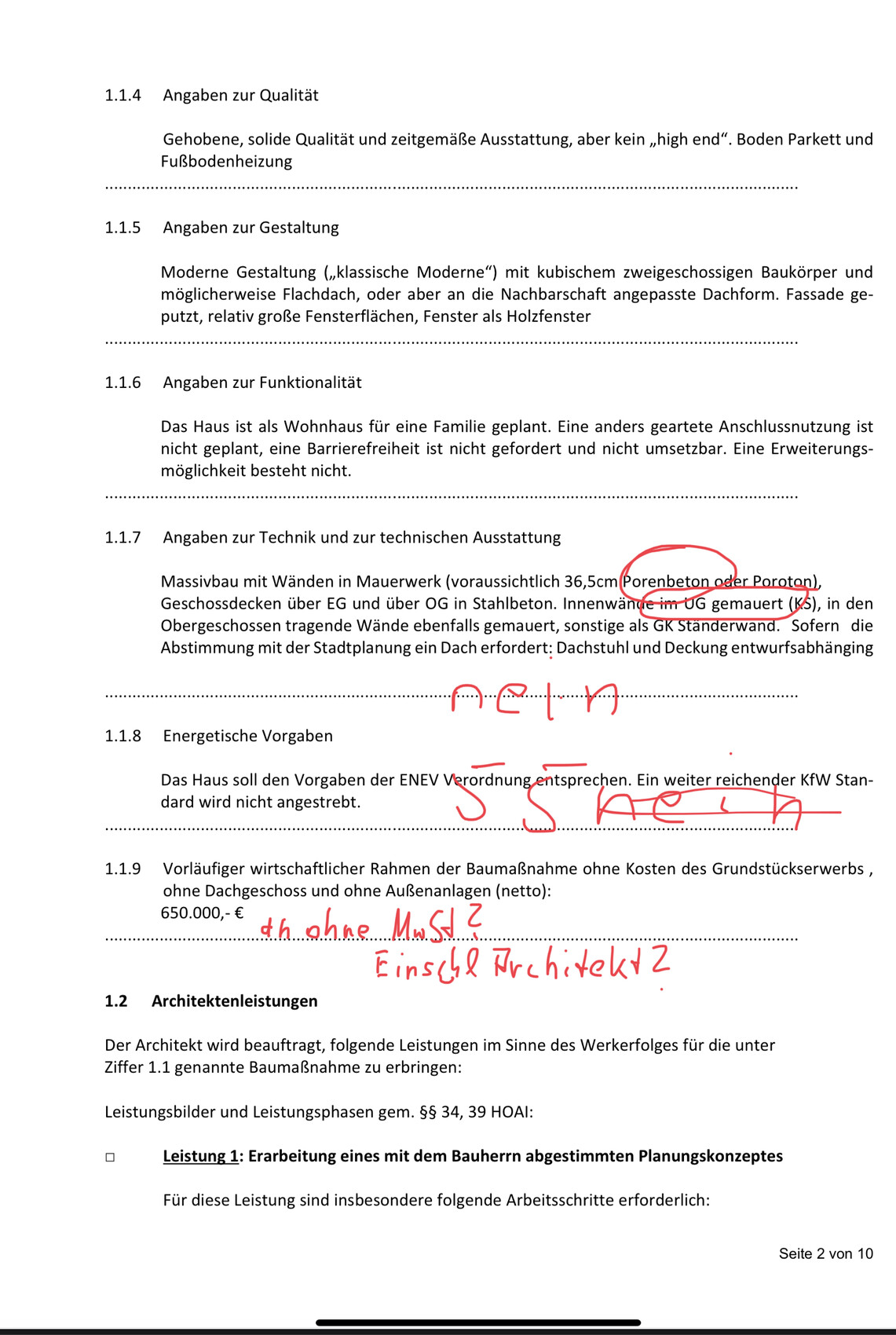 Seite eines Dokuments mit Gliederung (1.x) und roten Notizen am Rand.