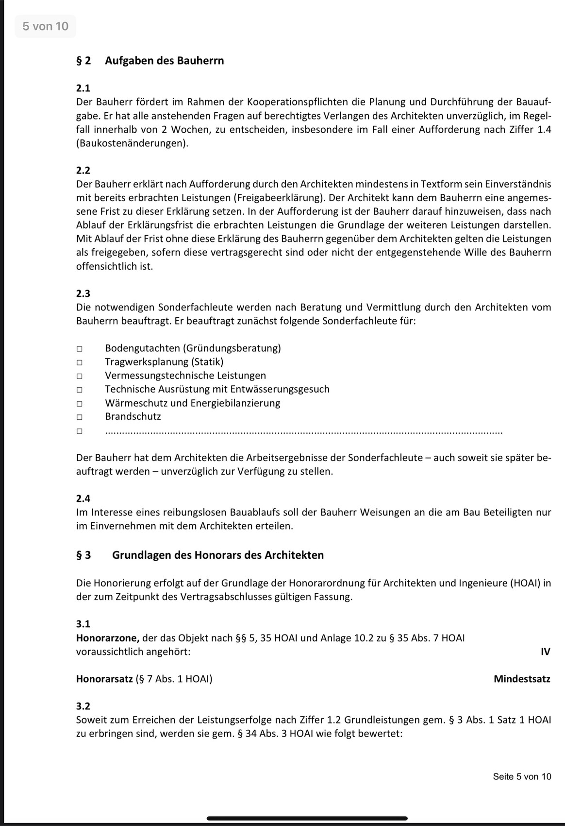 Seite 5 von 10 eines deutschen Bauherrenvertrags mit §2 Aufgaben des Bauherrn (2.1–2.4).