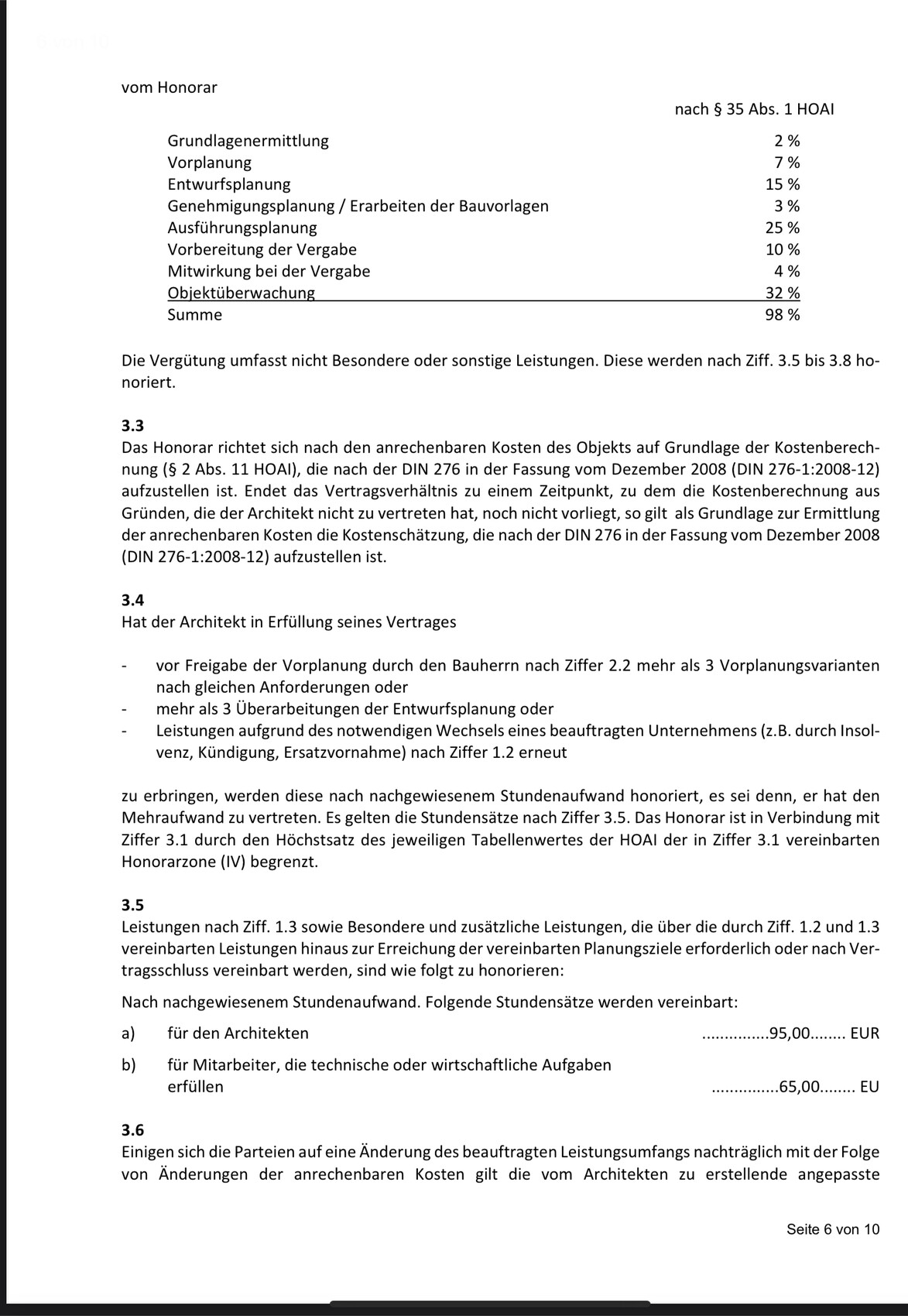 Seitenansicht einer Vertragsseite mit Honoraraufstellung (Tabelle) und Textabschnitten 3.3–3.6.