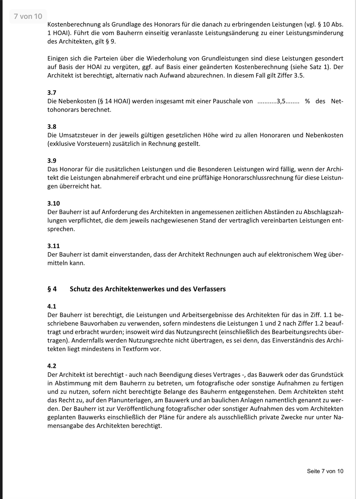 Seite 7 von 10: HOAI-Dokument mit Abschnitten 3.7–4.2.