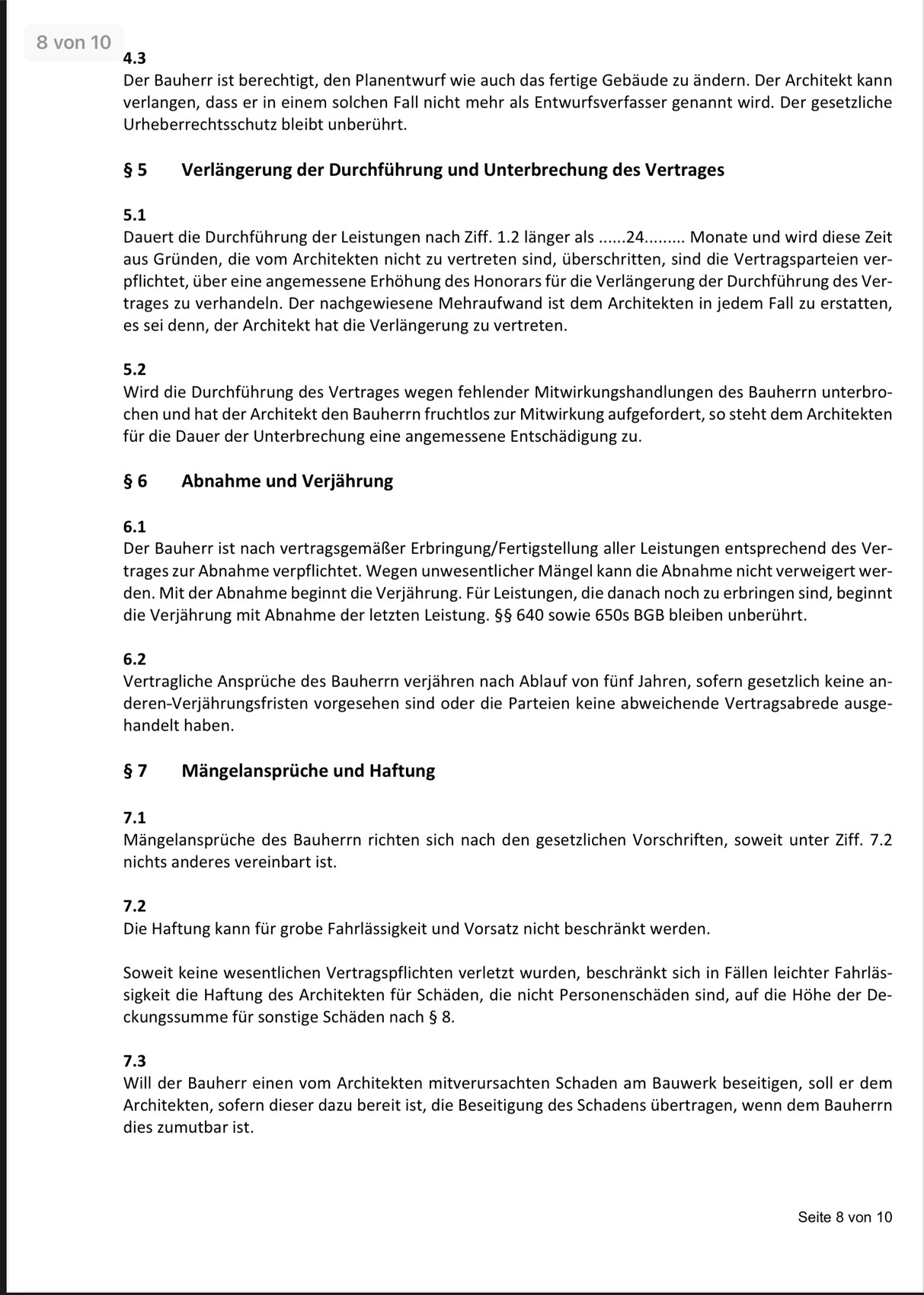Vertragsseite mit Abschnitten 4.3, §5, §6 und 7.1–7.3, zeigt Vertragsbedingungen.