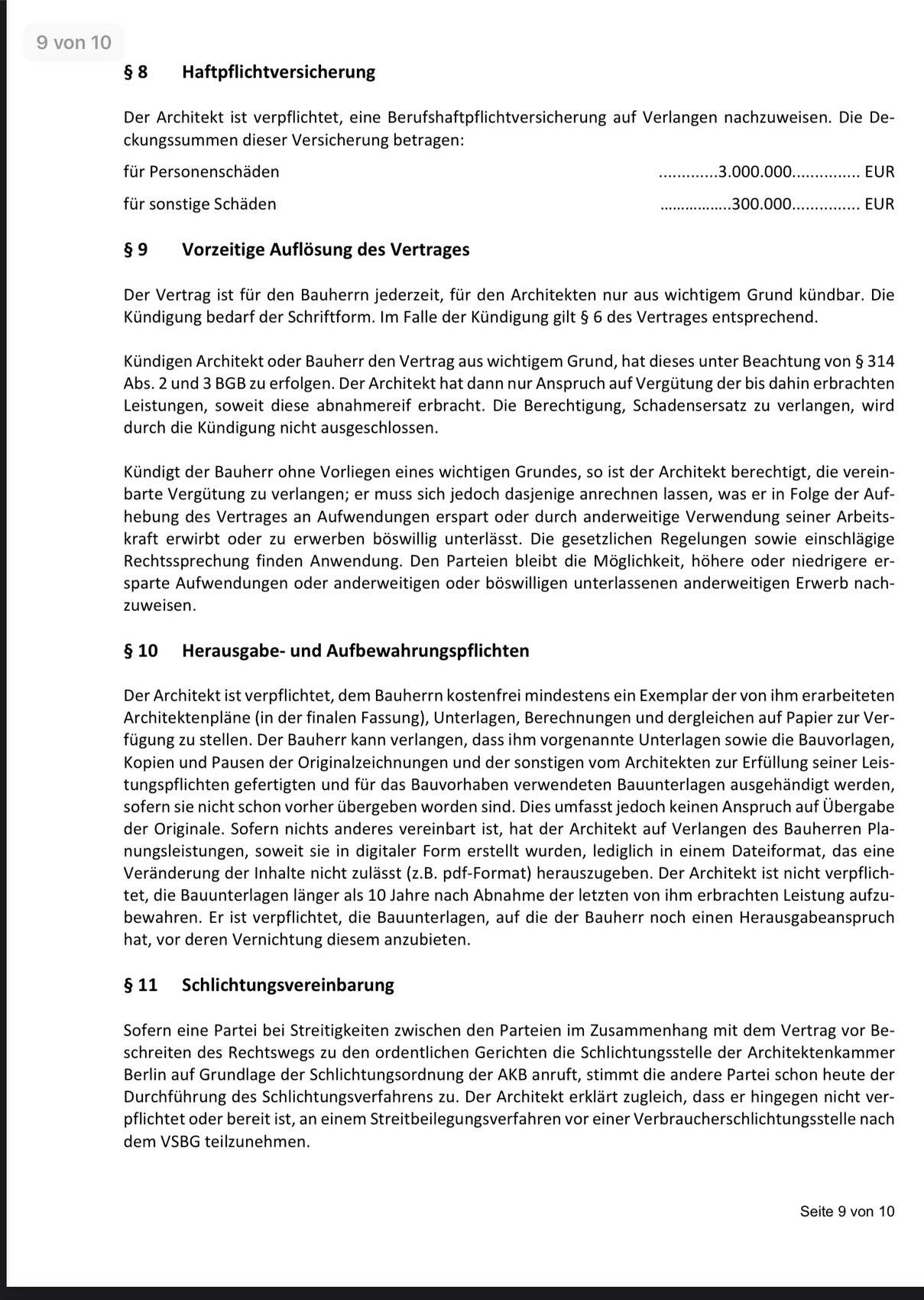 Seite 9 von 10 eines Vertragsdokuments mit §§ 8–11 zu Versicherung, Kündigung, Pflichten.