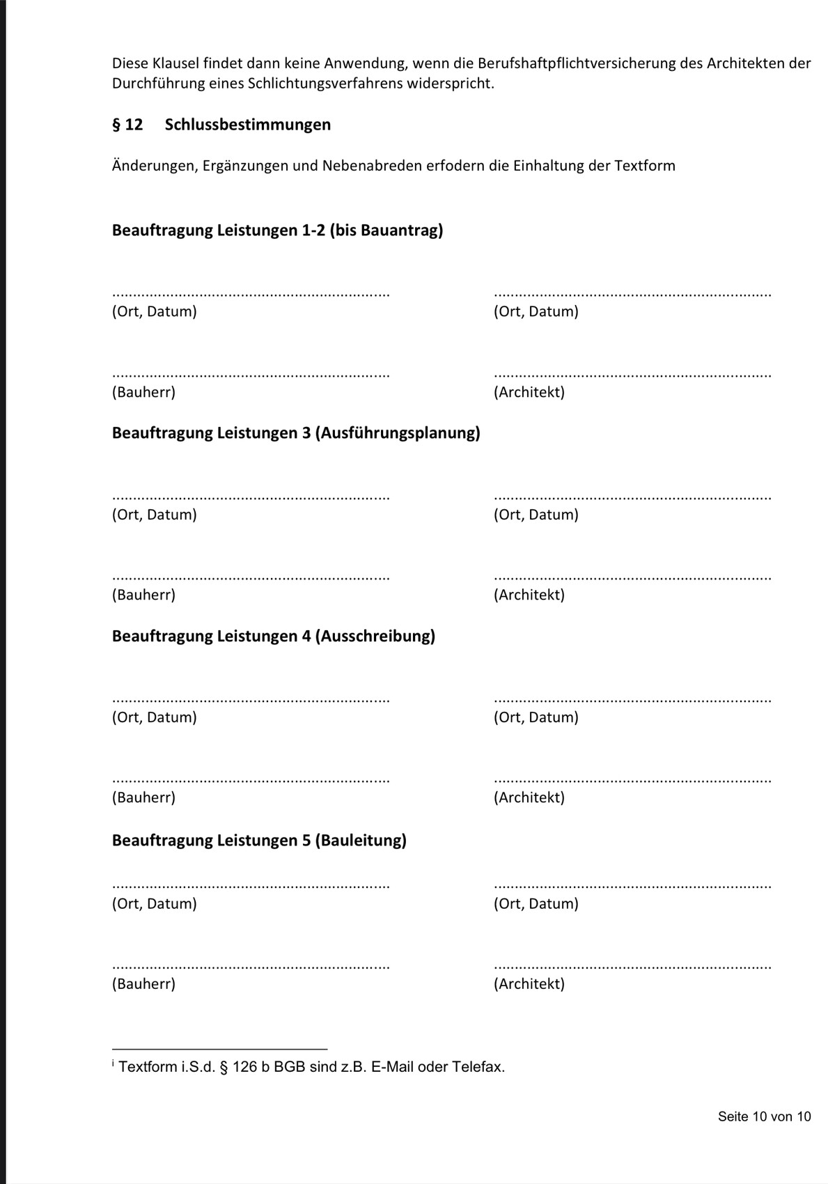 Dokumentenseite eines Bauvertrags mit Beauftragungen 1–5 und Signaturfeldern (Ort/Datum).