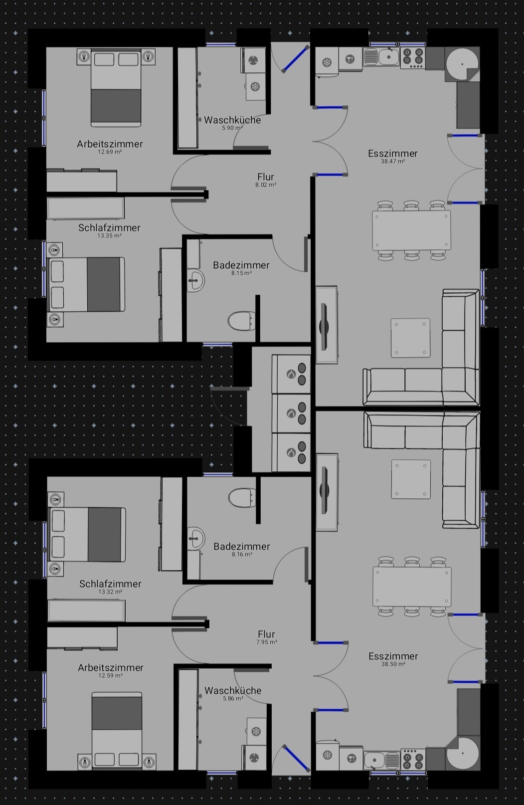 Floor plan of a duplex with hallway, bedroom, study, bathroom, kitchen, and dining room.