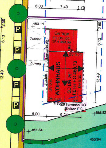 Site plan of a property with house, garage, driveway and garden