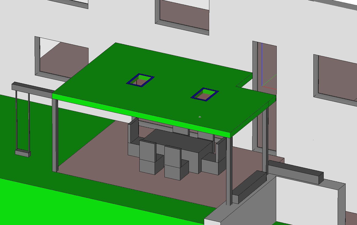 Green flat-roof pavilion with two square skylights; below it, a gray seating area.