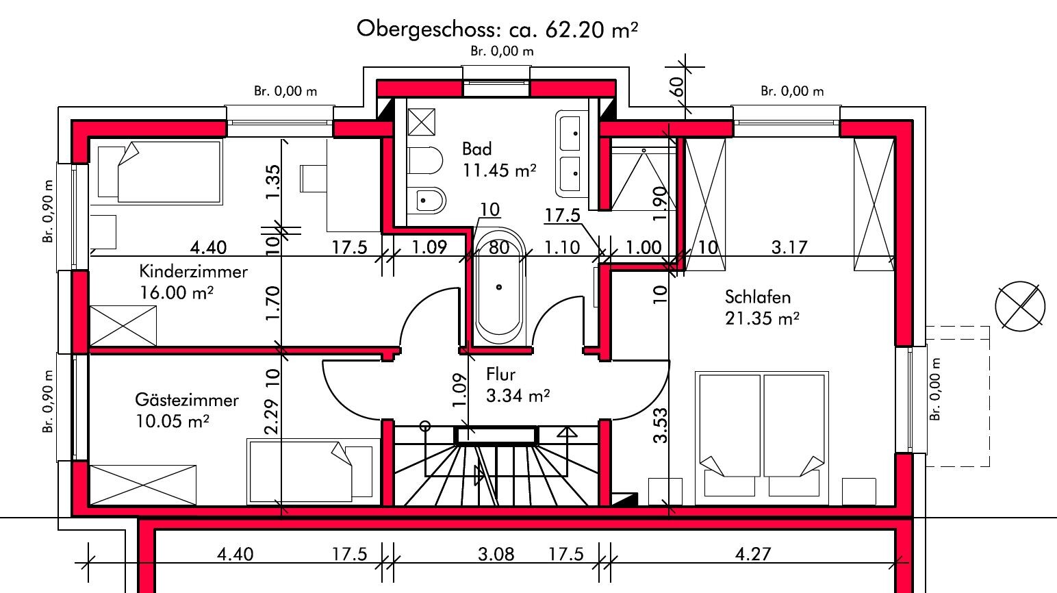 Upper floor layout with bathroom, hallway, bedroom, children’s and guest rooms, staircase