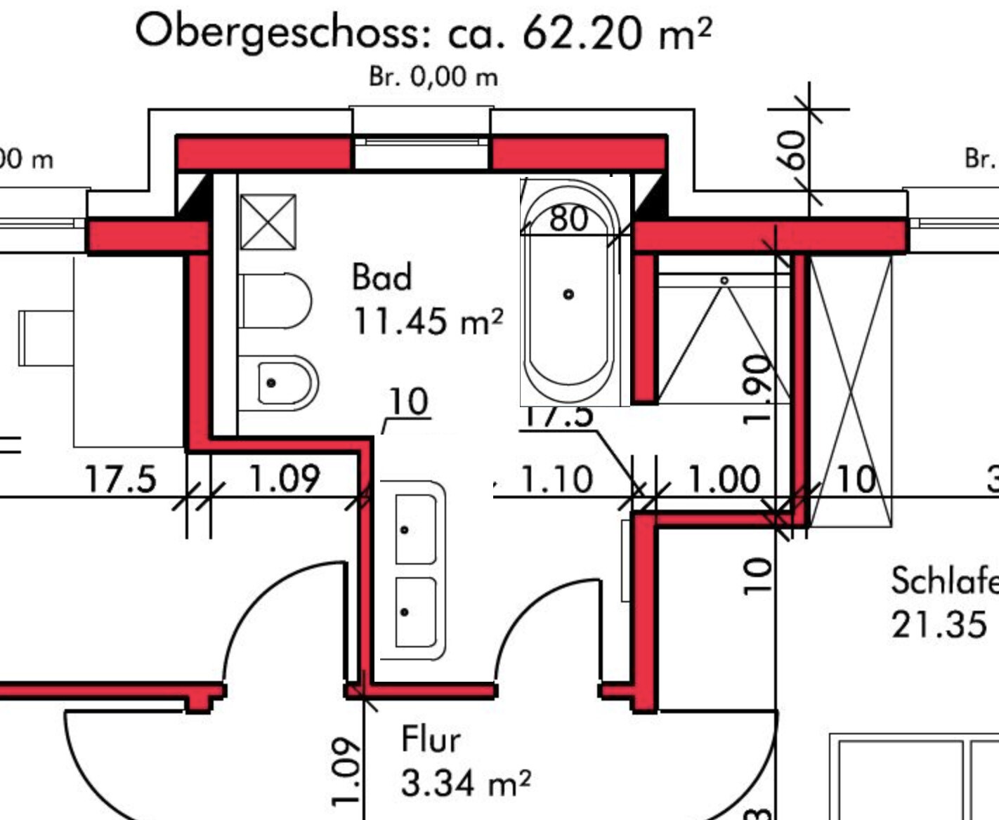 Upper floor layout: Bathroom 11.45 m² (123 sq ft) with bathtub, WC; Hallway 3.34 m² (36 sq ft); Bedroom 21.35 m² (230 sq ft)