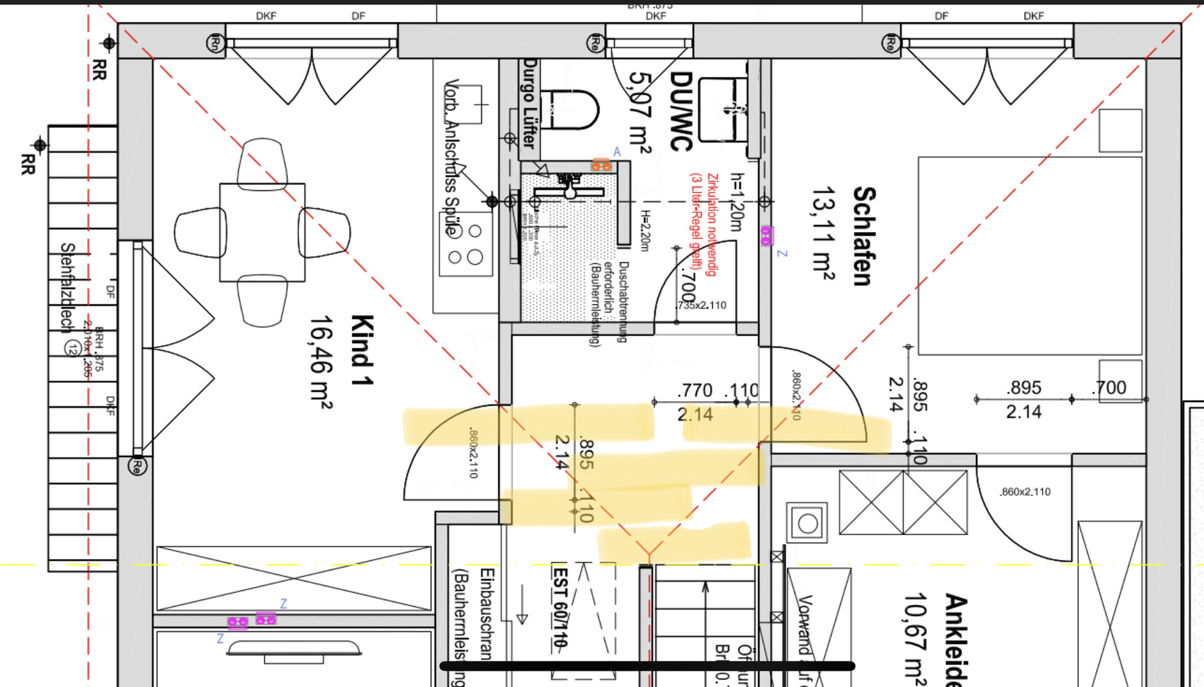 Grundriss eines Apartments: Schlafzimmer, Kinderzimmer, Küche, Bad, Flure, Maße.
