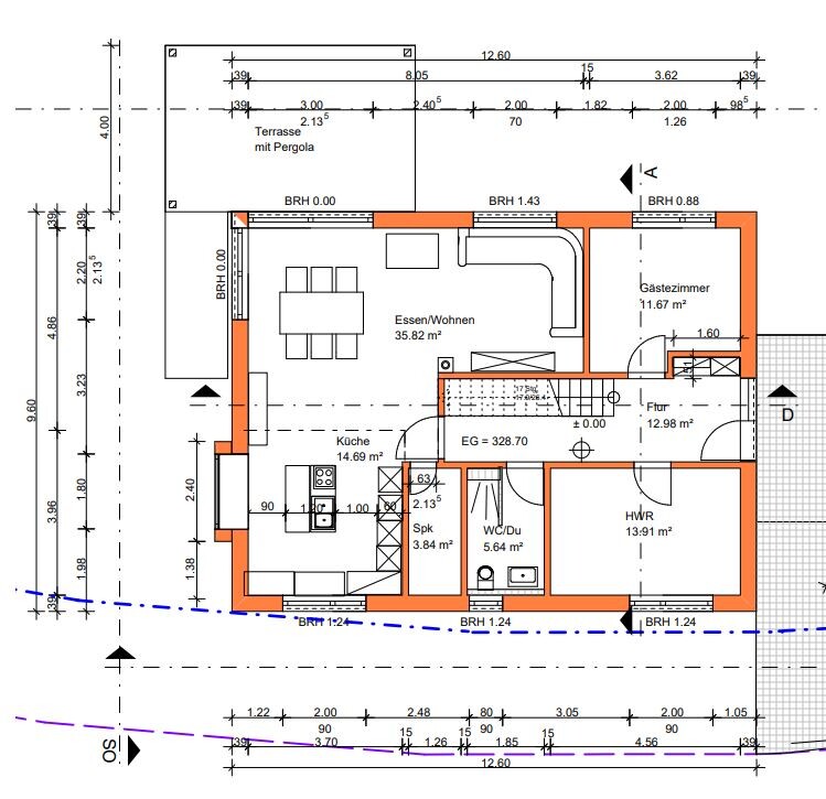 Grundriss Erdgeschoss eines Hauses mit Küche, Essen/Wohnen, Gästezimmer, Flur, WC/Du, HWR
