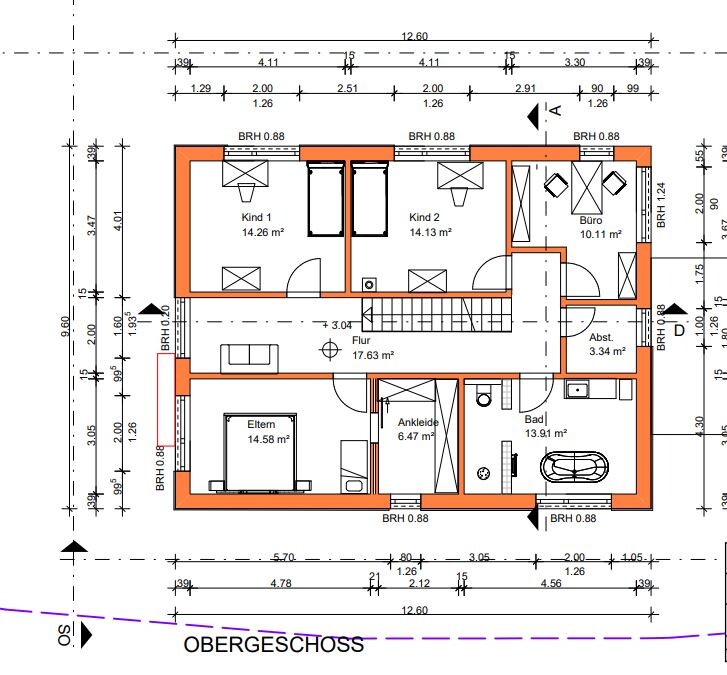 Grundriss des Obergeschosses: Eltern, 2 Kinderzimmer, Ankleide, Bad, Büro, Flur, Abstellraum.