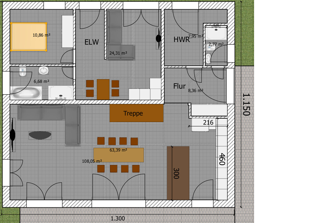 Floor plan of a house: open living/dining area with kitchen, stairs, hallway, bathroom, utility room and granny flat.
