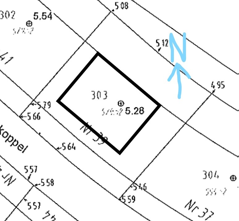 Cadastral map: plot 303 with black diamond-shaped outline; north arrow marked in blue.