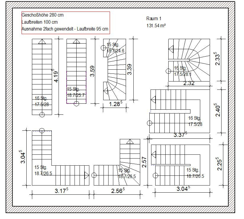 Floor plan of one level with stairs, dimensions and room 1 (131.54 m²)