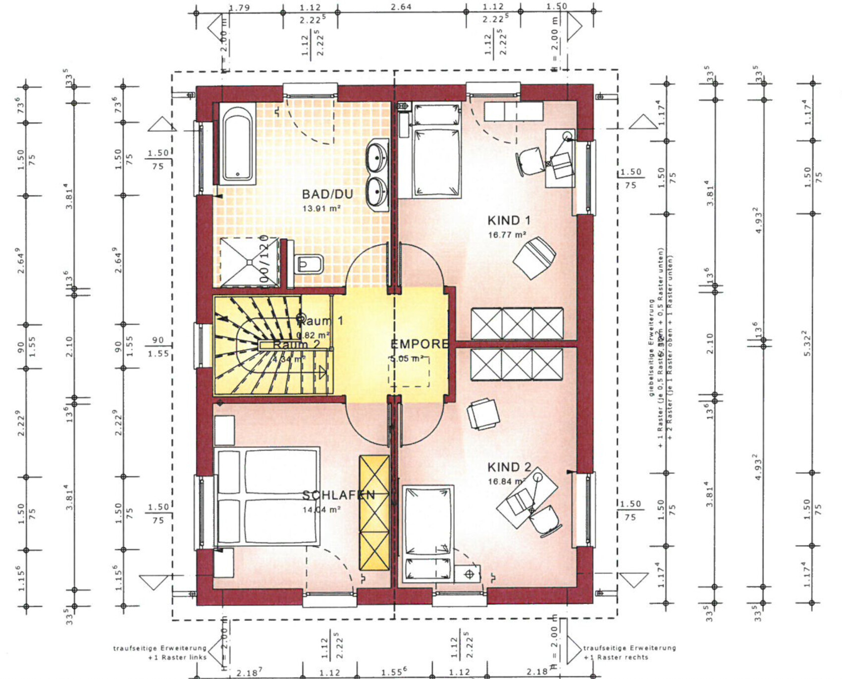 Floor plan of the upper floor of a house with bathroom, bedroom, two kids’ rooms, stairs and landing