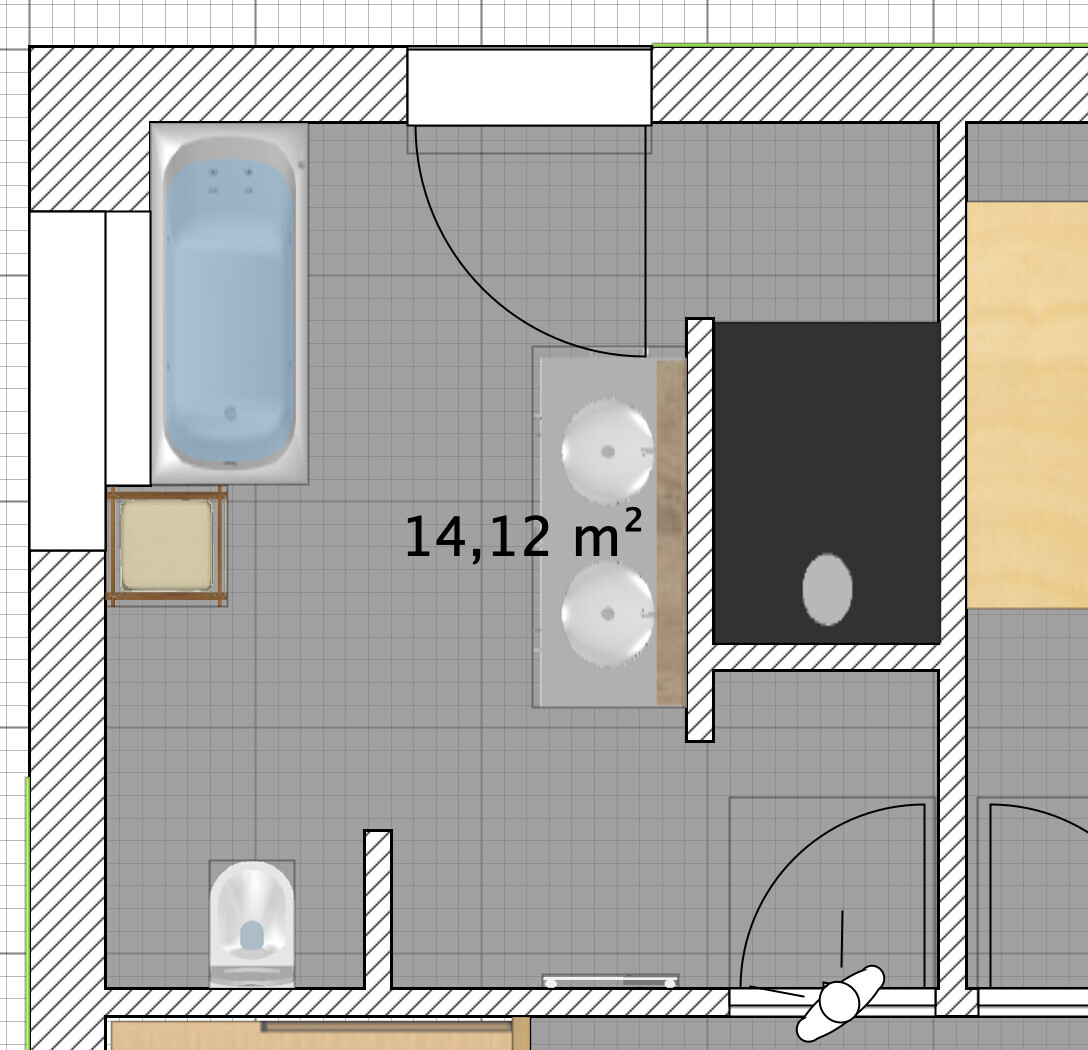 Floor plan of a bathroom with bathtub on the left, double vanity on the right, toilet on the left, 14.12 m² (152 sq ft)