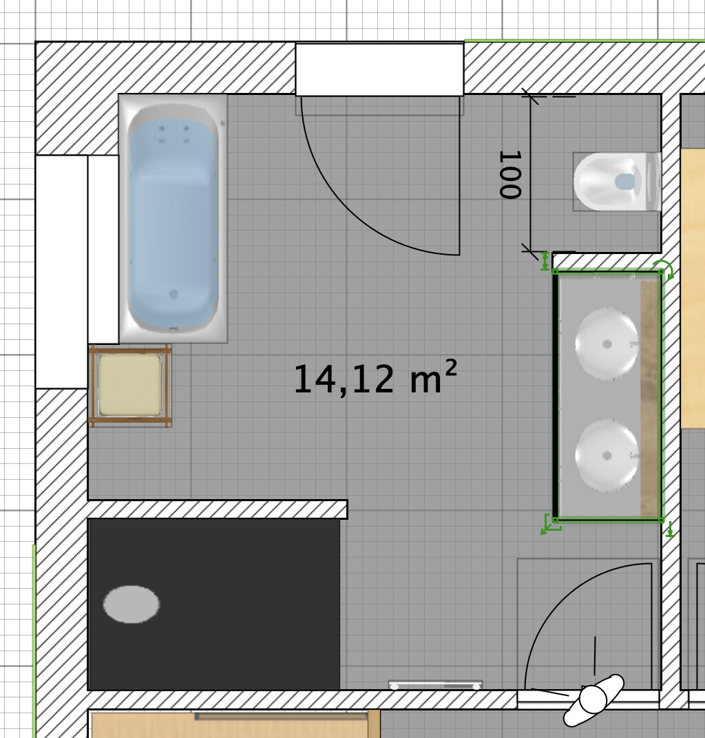 Floor plan of a bathroom: bathtub on the left, toilet on the right, double vanity on the right, 14.12 m² (152 sq ft)
