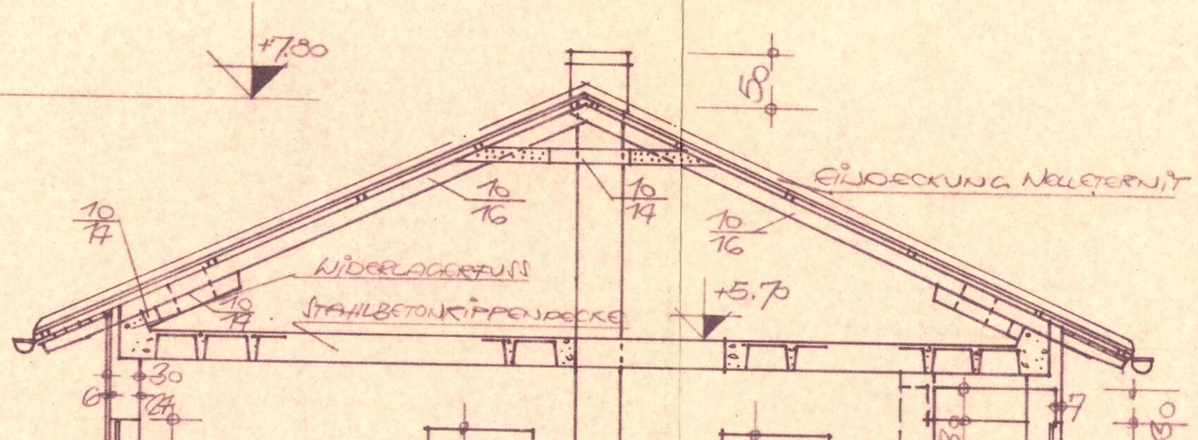 Technical drawing of a roof structure with rafters, purlins, and dimensions.