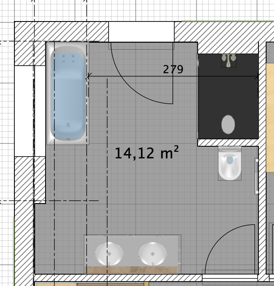 Bathroom floor plan, 14.12 m² (152 sq ft): Bathtub on the left, double sink at the bottom, shower on the right.
