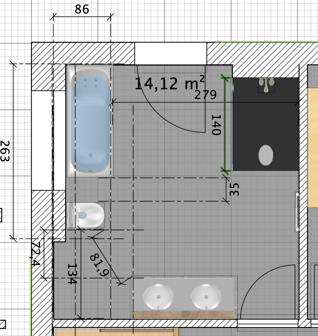 Bathroom floor plan: Bathtub on the left, toilet at the bottom, double sink at the bottom, door on the right, 14.12 m² (152 sq ft).