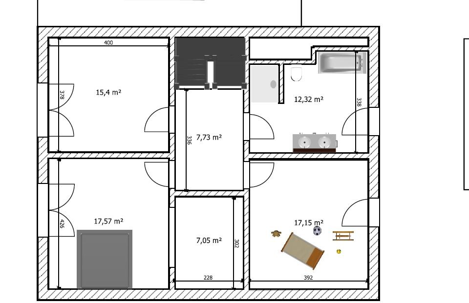 Grundriss eines Hauses mit mehreren Zimmern, Türen und Möbeln (Betten, Bad, Tisch).