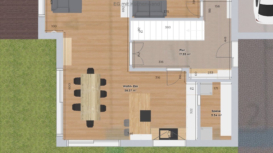Ground floor plan: open living and dining area, kitchen, pantry, hallway, stairs, parking space, garden.