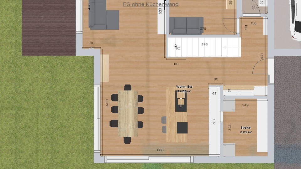 Ground floor plan: open living and dining area, kitchen with island, pantry, stairs, garden.