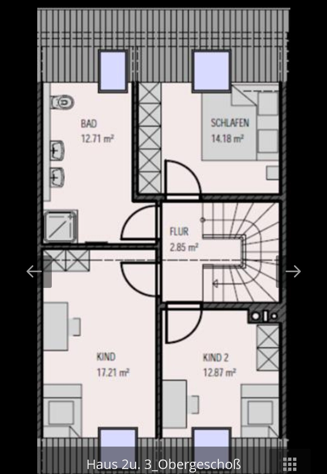 Floor plan of an upper floor of a house with bathroom, bedroom, hallway, and two children’s rooms.