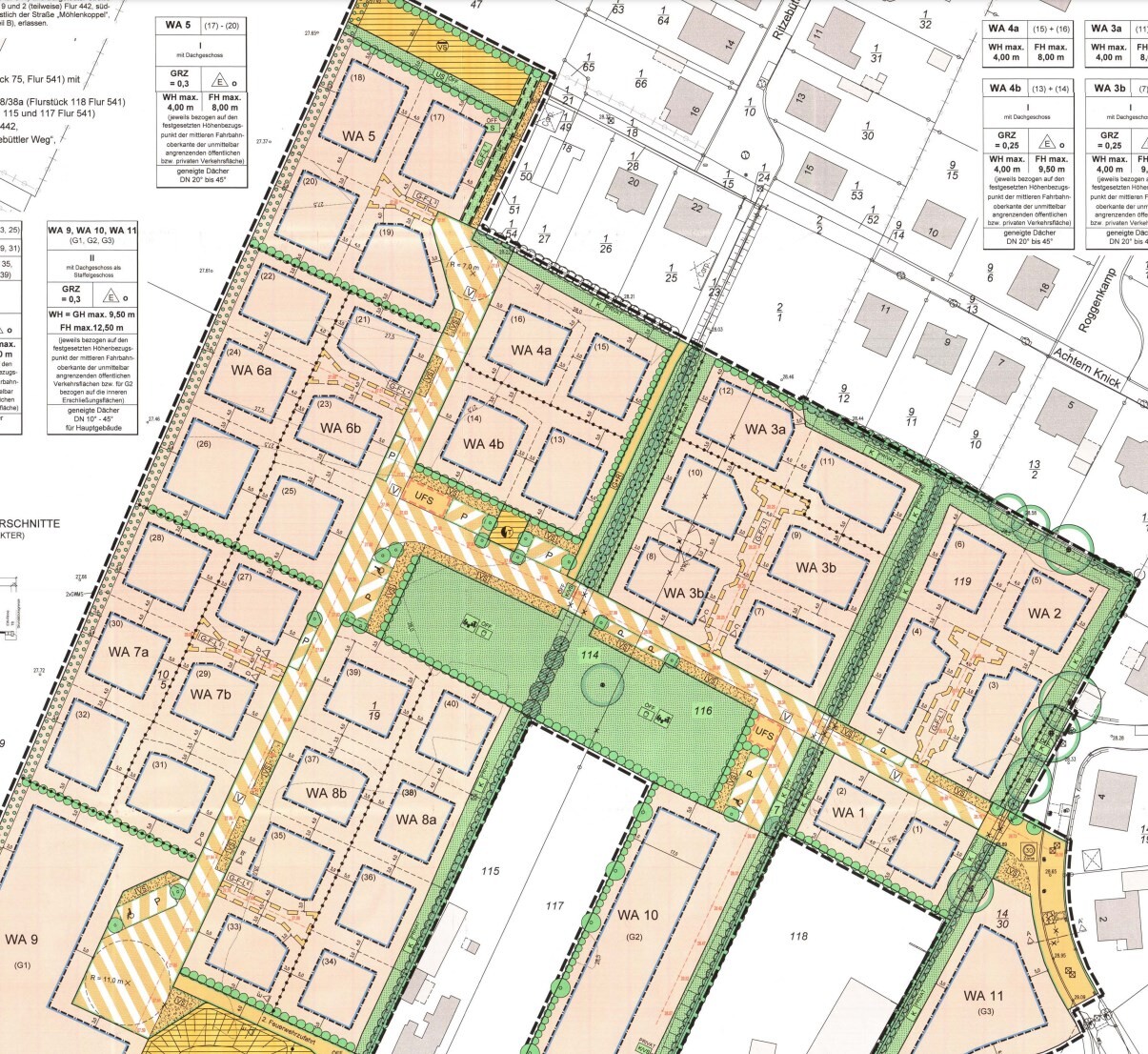 Lageplan eines Baugebiets mit Parzellen WA, Straßen und Grünflächen.