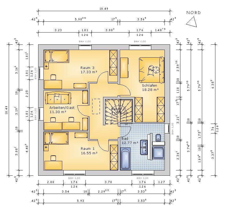 Floor plan of a residential building: rooms room 1, room 3, sleeping, bathroom, work/guest, stairs, dimensions.