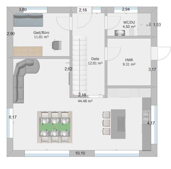 Floor plan of a house: open living/dining area with kitchen island, guest room/office, hallway, WC, utility room.