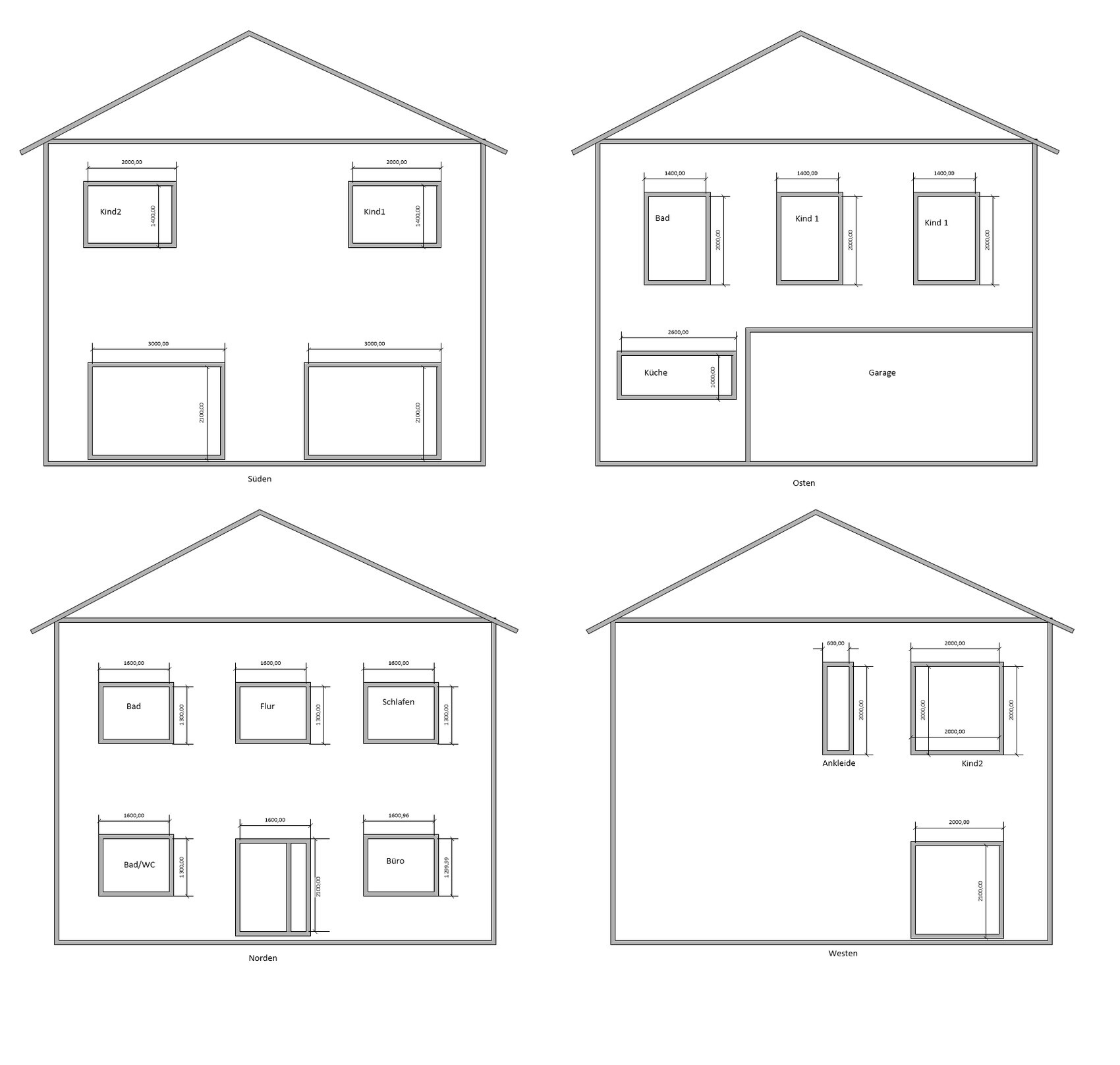 Floor plan of a house with several rooms: kitchen, bathroom, bedroom, office, garage, shown from four perspectives.