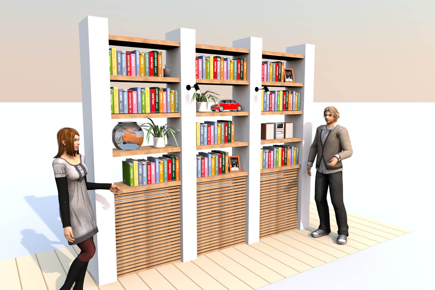 3D-Bücherregal-Showroom mit Büchern, Pflanzen und zwei Personen