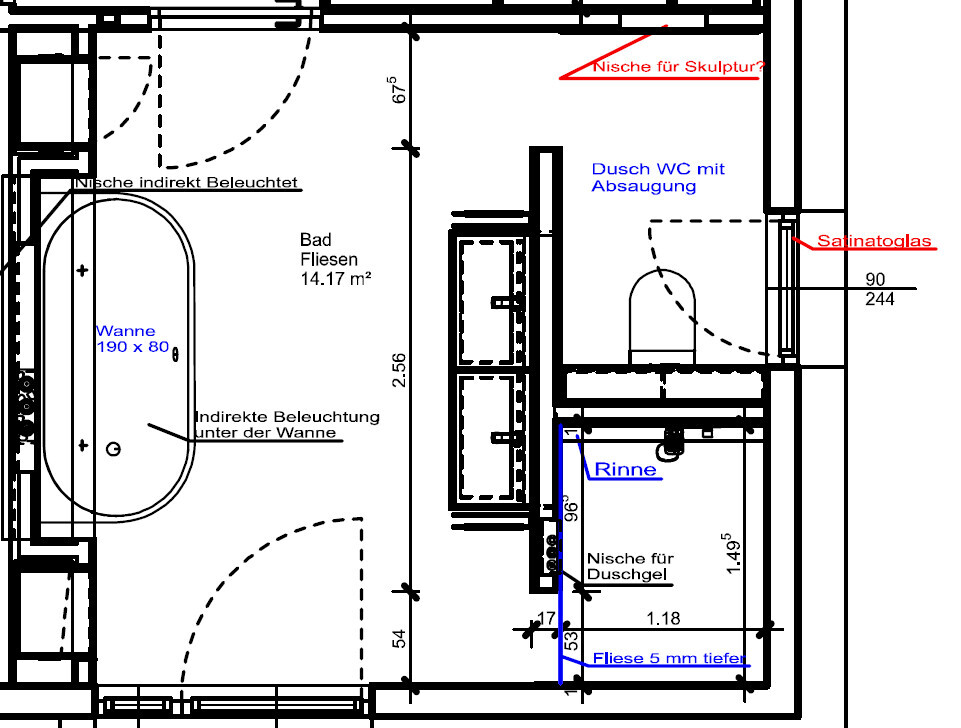 Bathroom floor plan: bathtub left 190×80cm (75×31 inches), shower toilet with extraction right, niche for shower gel, frosted glass