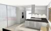 Modern bedroom with double bed, nightstands, and large windows in a bright design.