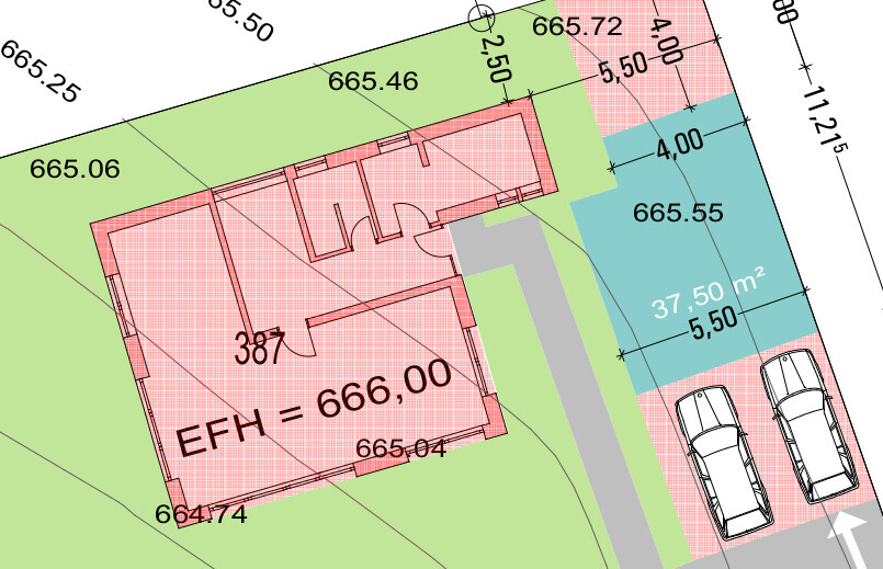 Site plan with green garden, red building core, parking spaces and dimensions.