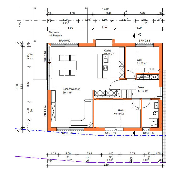 Grundriss eines Hauses: offener Wohn-/Essbereich, Küche, Gästezimmer, Diele und Terrasse