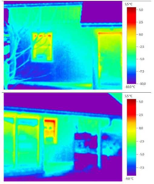 Two thermographic images of an interior space showing heat distribution for insulation inspection.