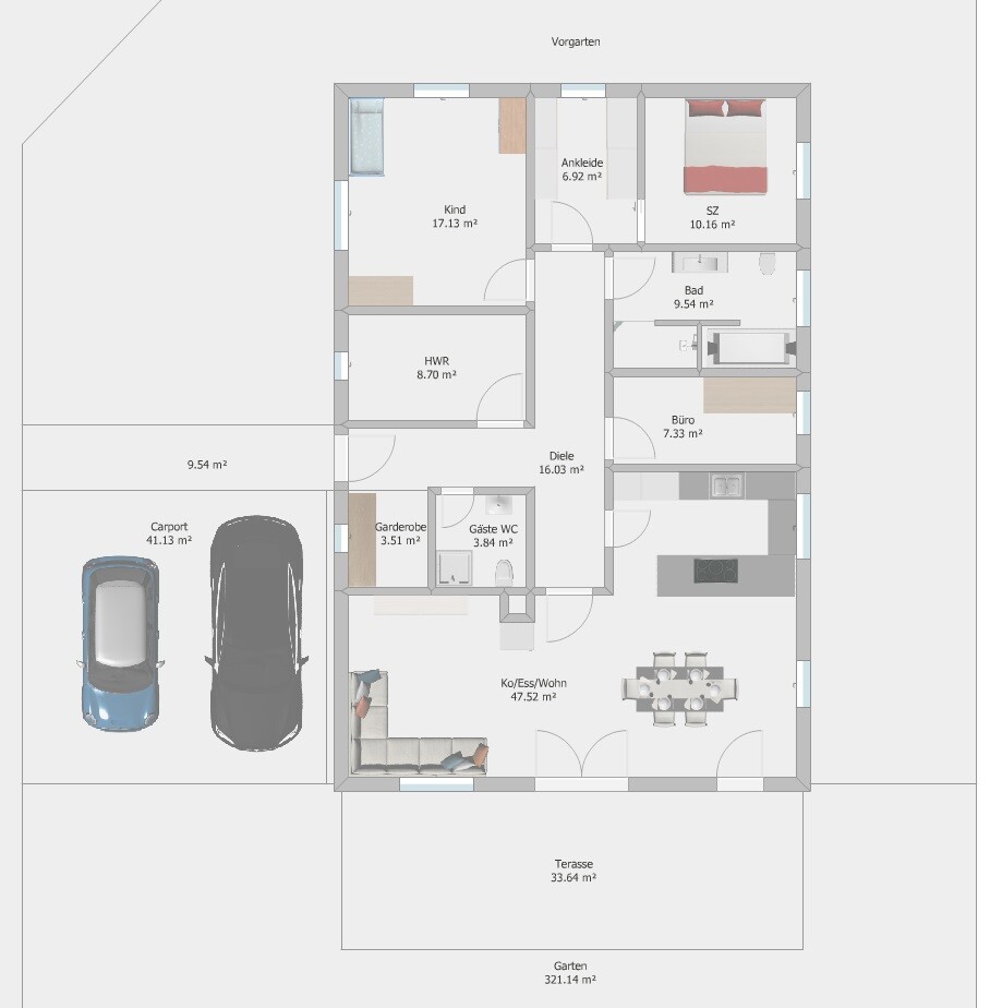 Floor plan of a house with kitchen, living room, bathroom, bedroom, children’s room, terrace, and garden.