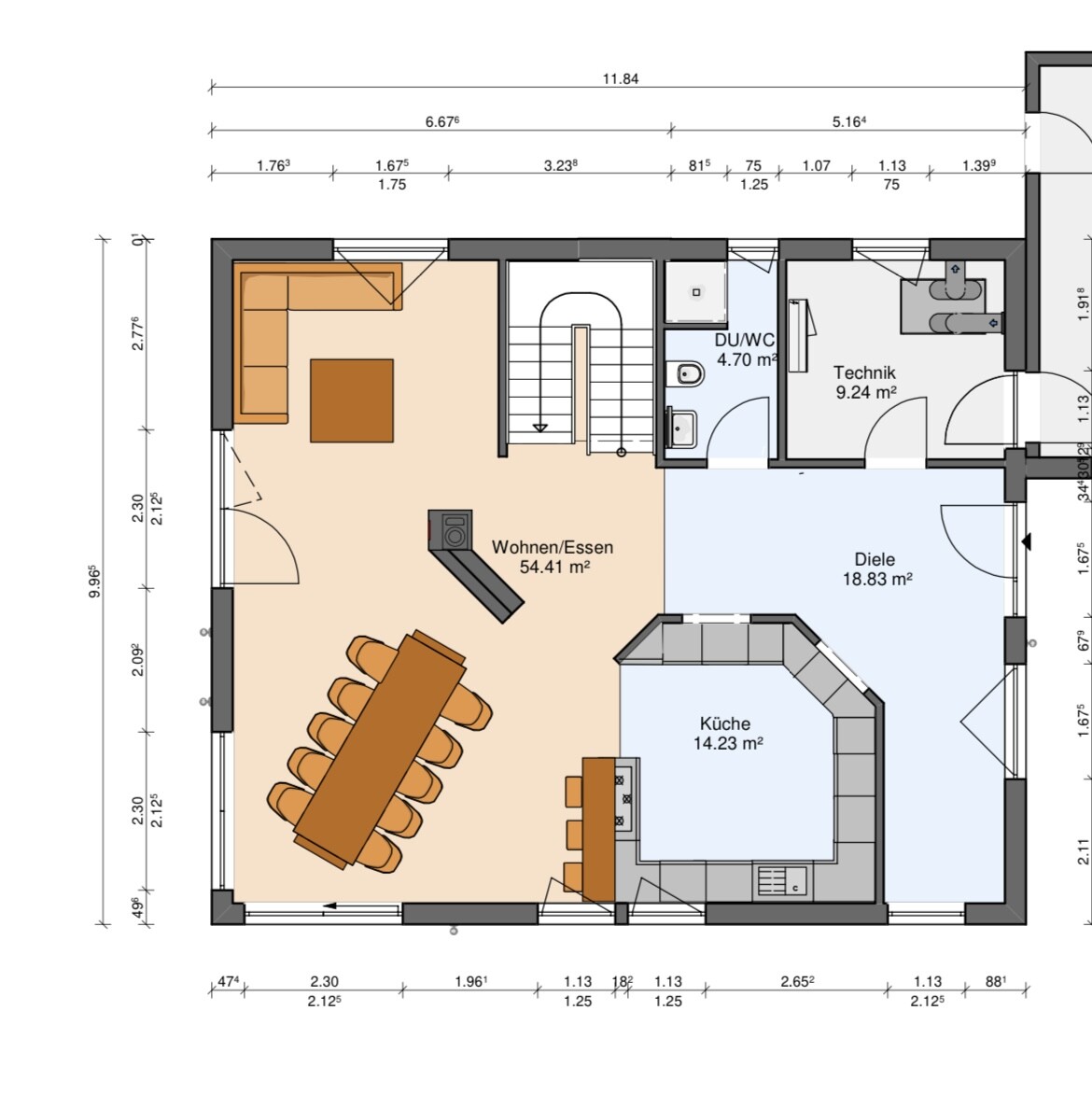 Grundriss Erdgeschoss: Wohnzimmer/Essbereich, Küche, Diele, Technikraum, Dusche/WC, Treppenhaus.