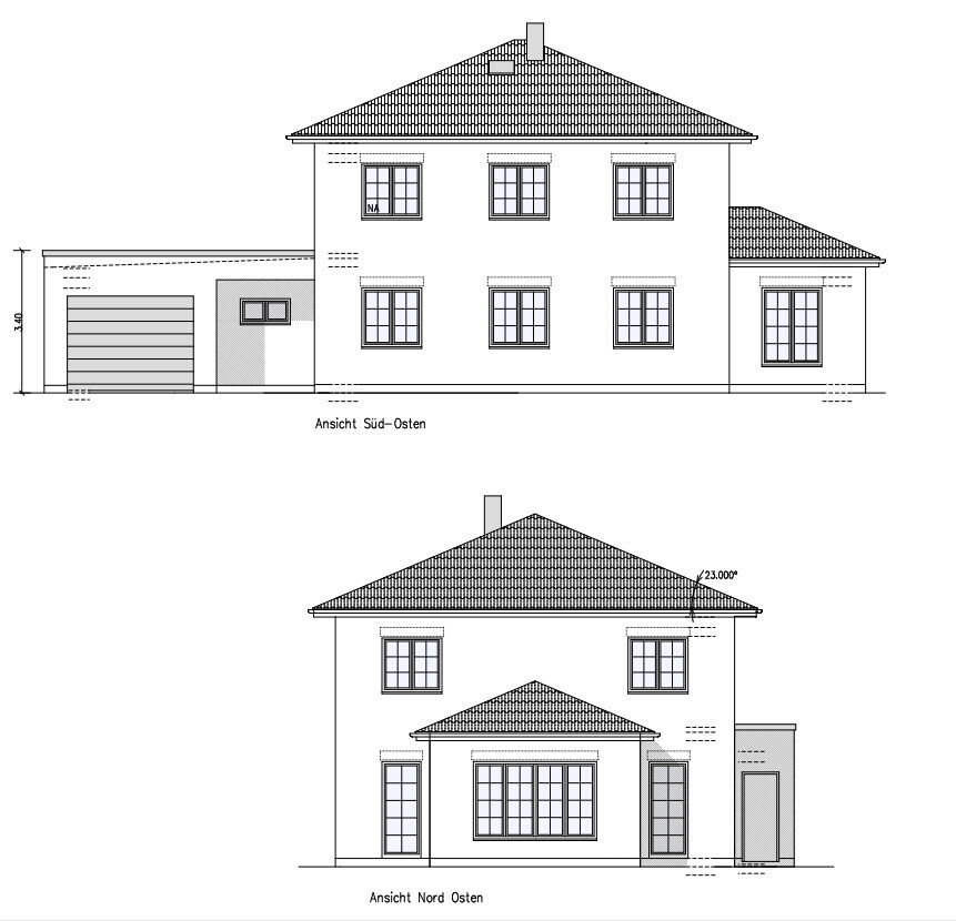 Two-story house with gable roof, garage on left, window fronts; southeast and northeast.