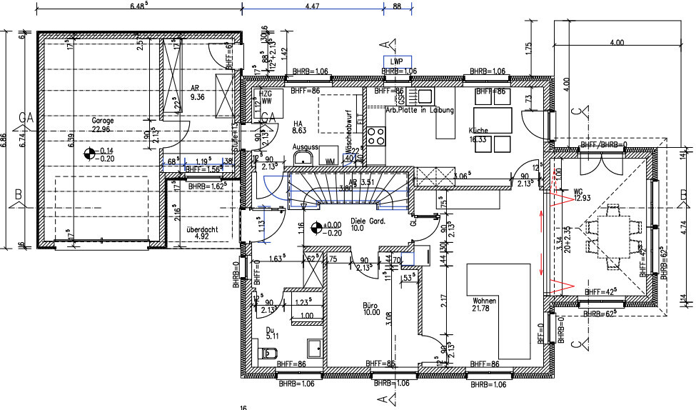 Floor plan of house with garage, kitchen, living room, office and dining area, dimensions